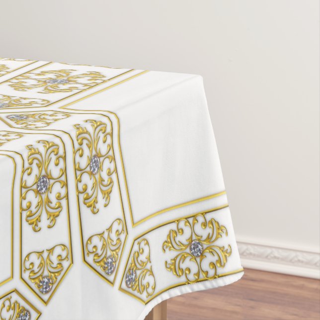 Toalha De Mesa Padrão Geométrico Dourado Quadrado Moderno Branco (Posição Original)