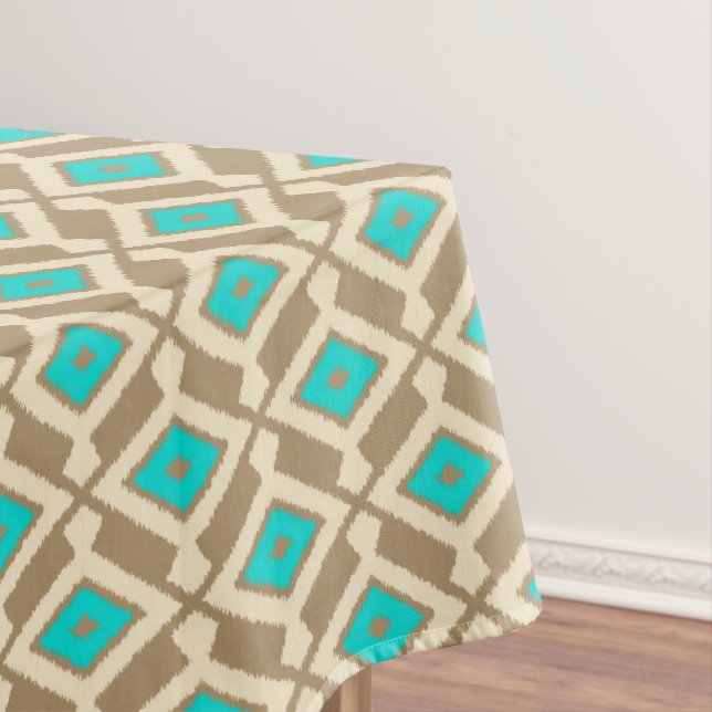 Toalha De Mesa Padrão Ikat - Turquesa, Taupe e Beige (Posição Original)