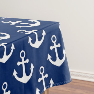 Toalha De Mesa Padrão Náutico de Âncoras Azul Marinho e Branco