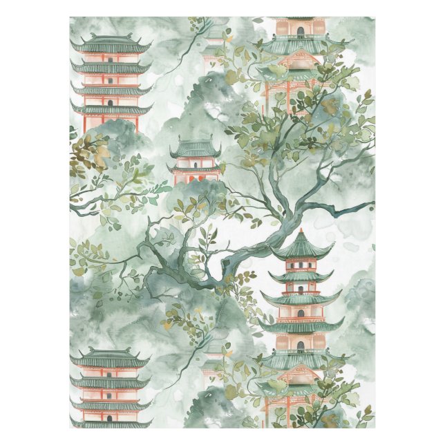 Toalha De Mesa Pagoda Asiática de Aquarela na Paisagem Verdante ( (Frente)