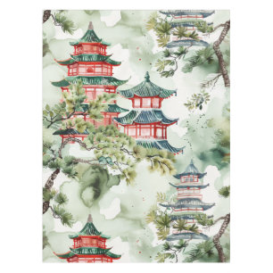 Toalha De Mesa Pagoda Asiática de Aquarela na Paisagem Verdante (