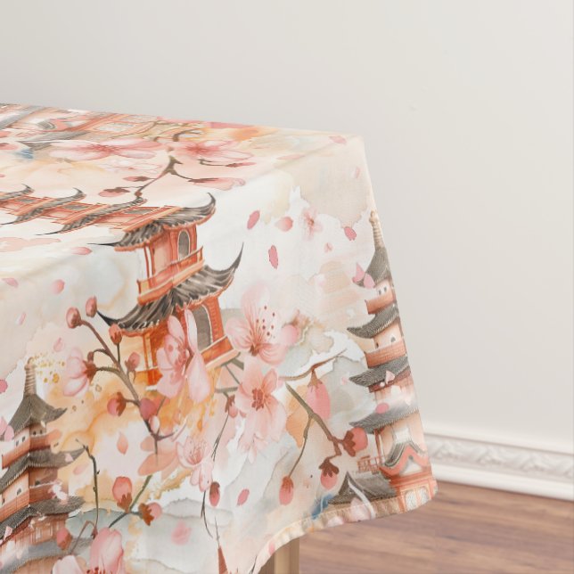 Toalha De Mesa Pagoda Chinesa Aquarela com Flores de Cereja (1) (Posição Original)