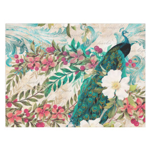 Toalha De Mesa Pavão e Flores Ilustrados Antigos com Efeito Grung