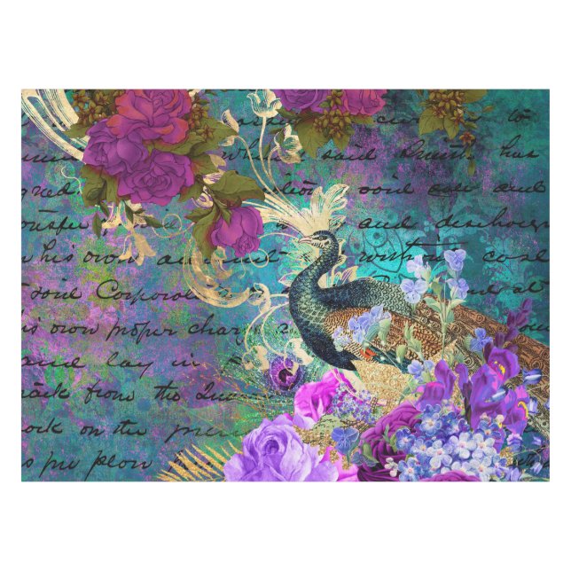 Toalha De Mesa Pavão e Flores Ilustrados Antigos Grunge (Frente (Horizontal))