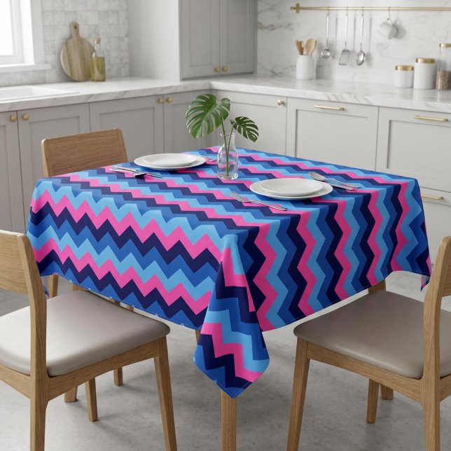 Toalha de Mesa Pequena com Padrão Chevron Rosa Azu (Cool Blue Pink Chevron Pattern Small Tablecloth covering a small table in a modern style kitchen.)