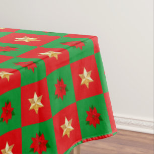 Toalha De Mesa Poinsétias e Estrelas de Natal em Vermelho e Verde