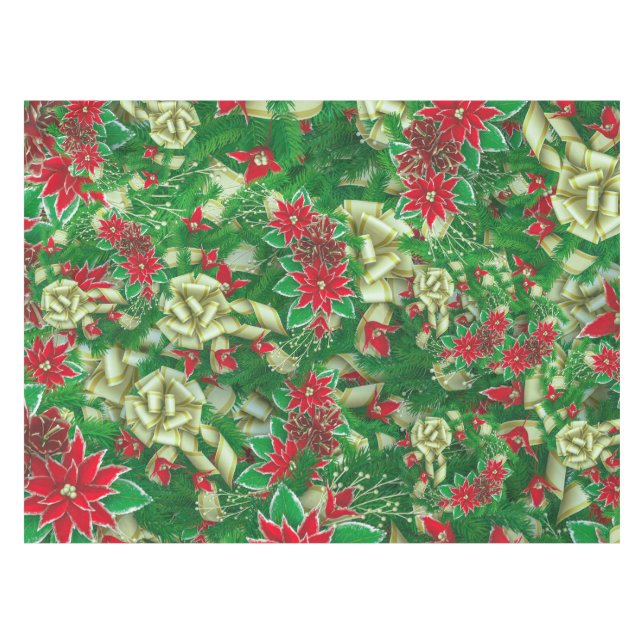 Toalha De Mesa Poinsettia Fir Deixa Fitas Fitas Natal Floral | (Frente (Horizontal))