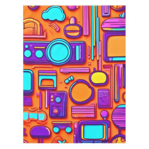 Toalha De Mesa Pop da Retro-Tech: Colagem de Gadgets Nostálgicos