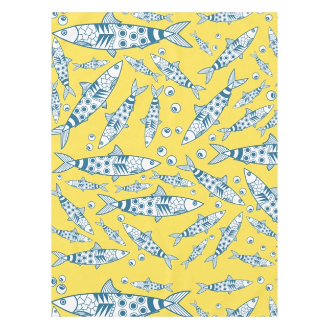 Toalha De Mesa Português Lisboa Sardinha Padrão Azulejos Amarelo (Frente)