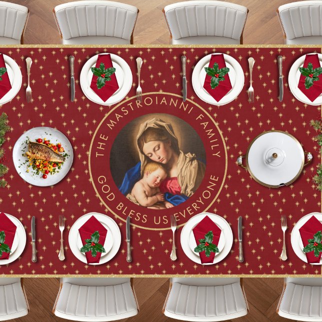 Toalha De Mesa Presente de Natal Religioso da Madonna e Criança (Religious Christmas tablecloth with Madonna and Child in red and gold)