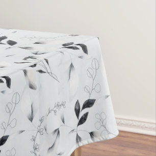 Toalha De Mesa Preto Branco Prata Cinza Folhas Florais