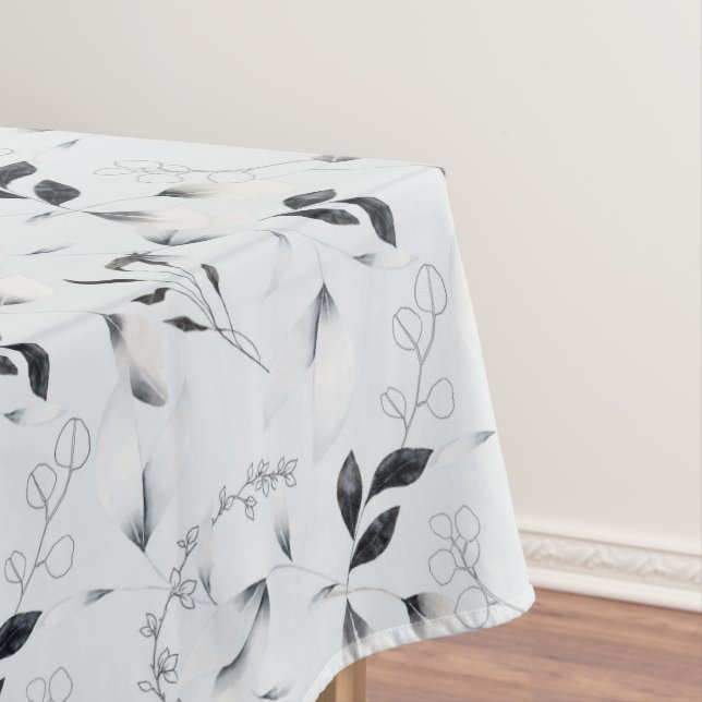 Toalha De Mesa Preto Branco Prata Cinza Folhas Florais  (Posição Original)