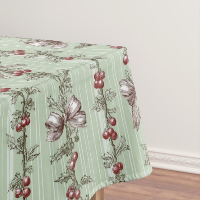 Toalha De Mesa Pretty Green Toile Christmas Berries And Bows (Posição Original)