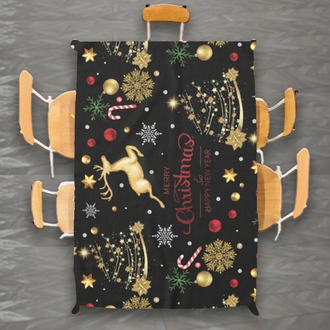 Toalha De Mesa Red Dourado Reindeer Feliz Árvore de Natal (Criador carregado)