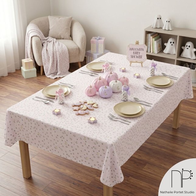 Toalha de Mesa Redemoinho de Estrelas e Luas Rosa (Hand drawn pink stars and moons tablecloth for a whimsical October baby shower or Halloween party)