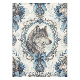 Toalha De Mesa Retrato do Lobo de inverno em azul Ornamentado e q