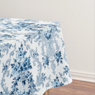Toalha De Mesa Rococo Floral francês branco e azul elegante