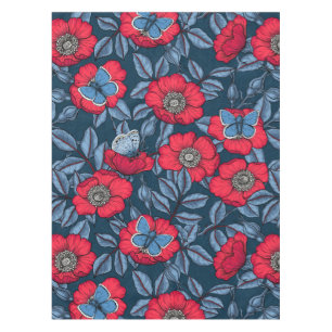 Toalha De Mesa Rosa de cão e borboletas em azul e vermelho