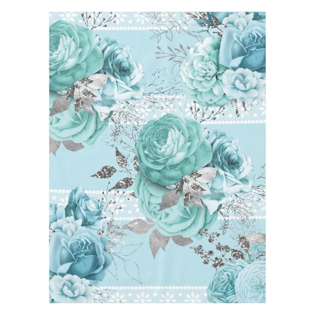 Toalha De Mesa Rosas azuis com rendas (Frente)