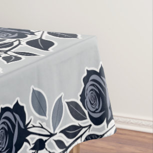Toalha De Mesa Rosas Azul Escuro Com Folhas Prateadas