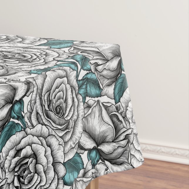 Toalha De Mesa Rosas brancas com folhas azuis (Posição Original)