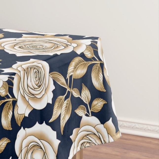 Toalha De Mesa Rosas Brancas Delicadas Com Acentos Dourados (Posição Original)