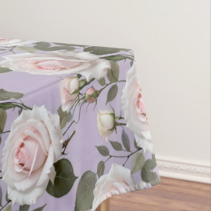 Toalha De Mesa Rosas Brancas Macias e Rosa Bege em Lavanda Fumê