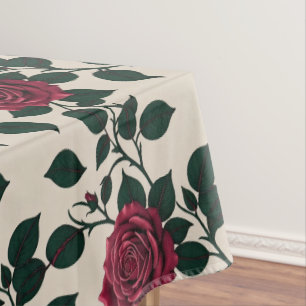 Toalha De Mesa Rosas Carmesim Lustrosas Com Folhas Verde Escuro