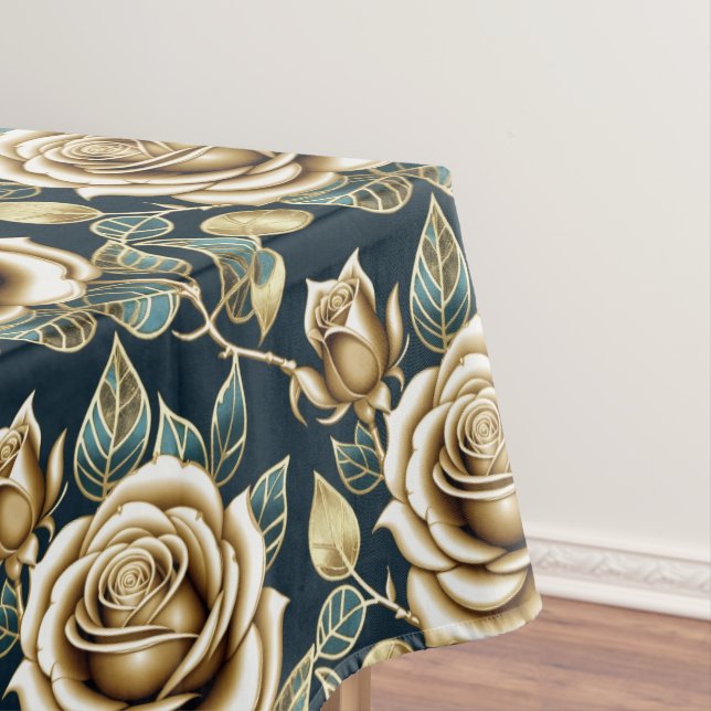 Toalha De Mesa Rosas Douradas Com Acabamento Metálico (Posição Original)