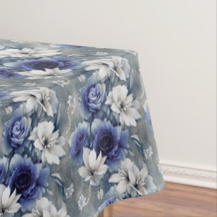 Toalha De Mesa Rosas e Lírios Azuis e Brancos Elegantes