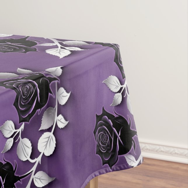 Toalha De Mesa Rosas Pretas Elegantes Com Folhas de Prata (Posição Original)