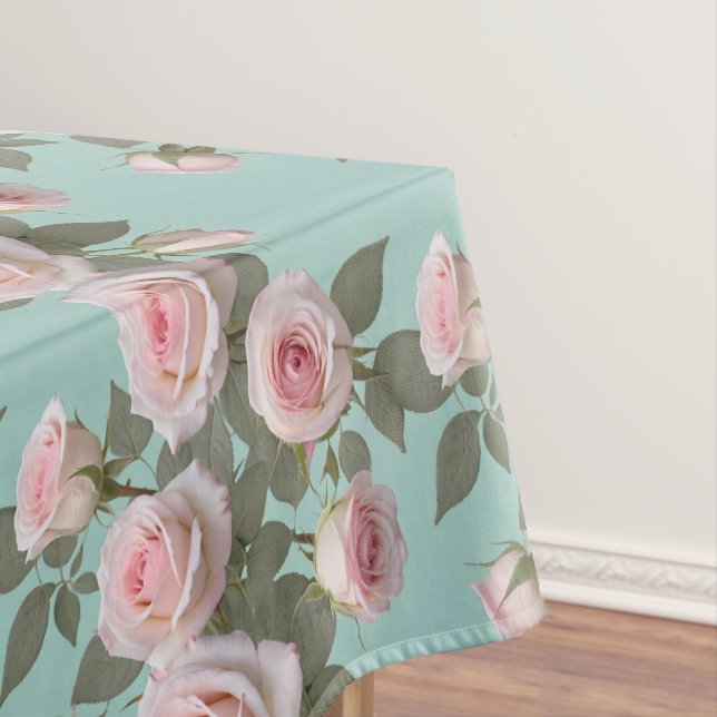 Toalha De Mesa Rosas Rosa Bebê Com Folhas Verde Salvia (Posição Original)