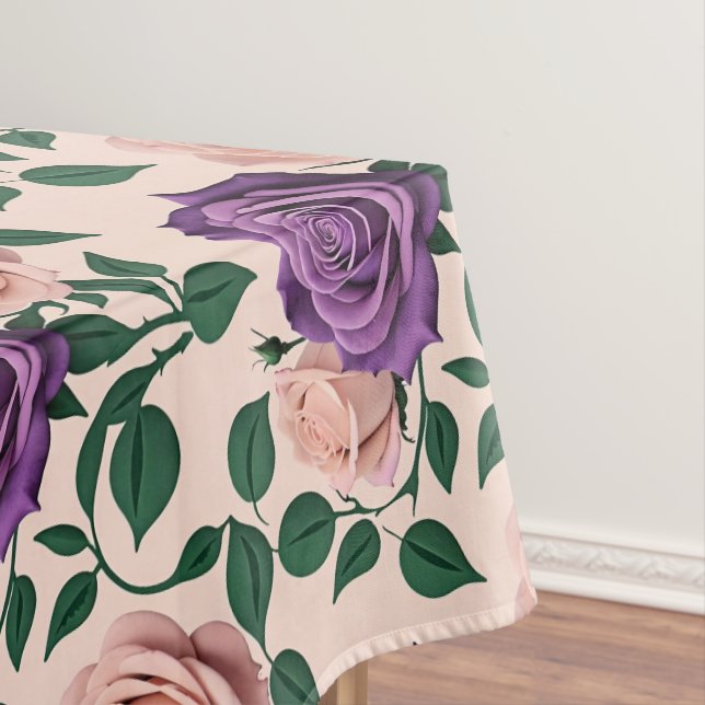 Toalha De Mesa Rosas Roxas Estilizadas Com Acentos Verdes (Posição Original)