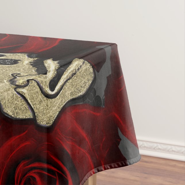 Toalha De Mesa Rosas vermelhas e crânios Cinza Gótica Floral Pret (Posição Original)