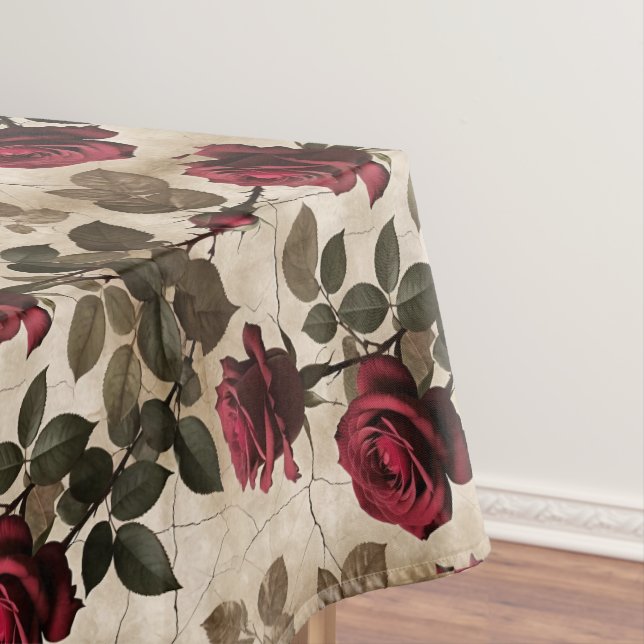 Toalha De Mesa Rosas Vermelhas Profundas Com Folhas Verde Escuro (Posição Original)