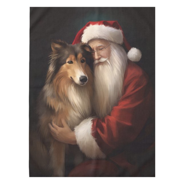 Toalha De Mesa Rough Collie com Papai Noel Natal Festivo (Frente)