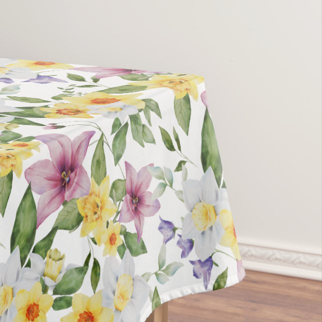 Toalha De Mesa Roxo Amarelo Branco Verde Floral Elegante Chique (Posição Original)