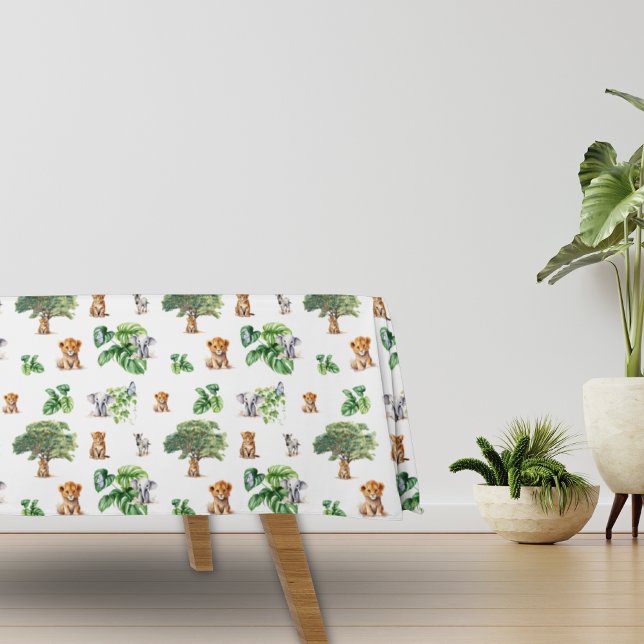 Toalha De Mesa Safari Elephant Tiger Tropical Greenery (Safari Jungle Pattern Tiger Lion Elephant Greenery Birthday Tablecloth)