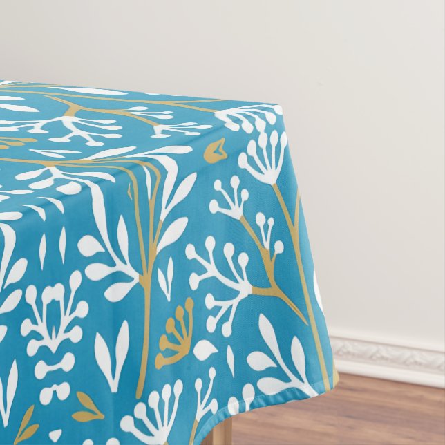 Toalha De Mesa Seamless Floral Pattern: White and Gold on Blue (Posição Original)