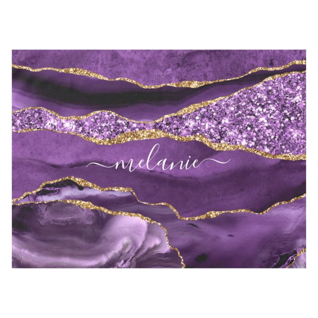 Toalha De Mesa Tablet Glitter Dourado Roxo com Nome Personalizado (Frente (Horizontal))