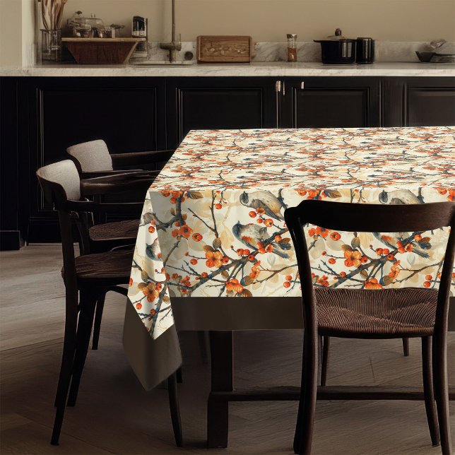 Toalha De Mesa Tablete de outono quente com flores russas de aves (Warm Autumn Tablecloth with Birds Rustic Flowers)
