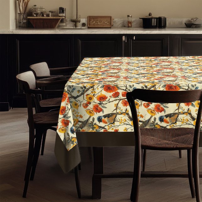Toalha De Mesa Tablete Russo com Pássaros e Sotaque Floral de Que (Rustic Tablecloth with Birds and Fall Floral Accents)