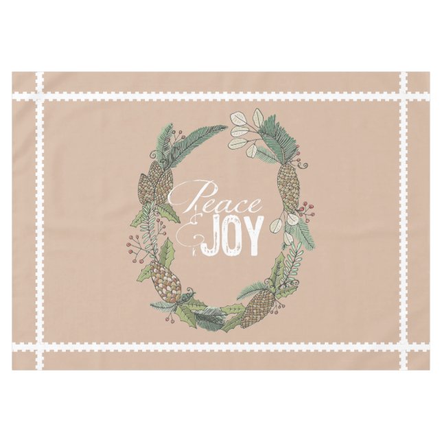 Toalha De Mesa Tan Peace Joy Evergreen Cones Wreath Tablecloth (Frente (Horizontal))