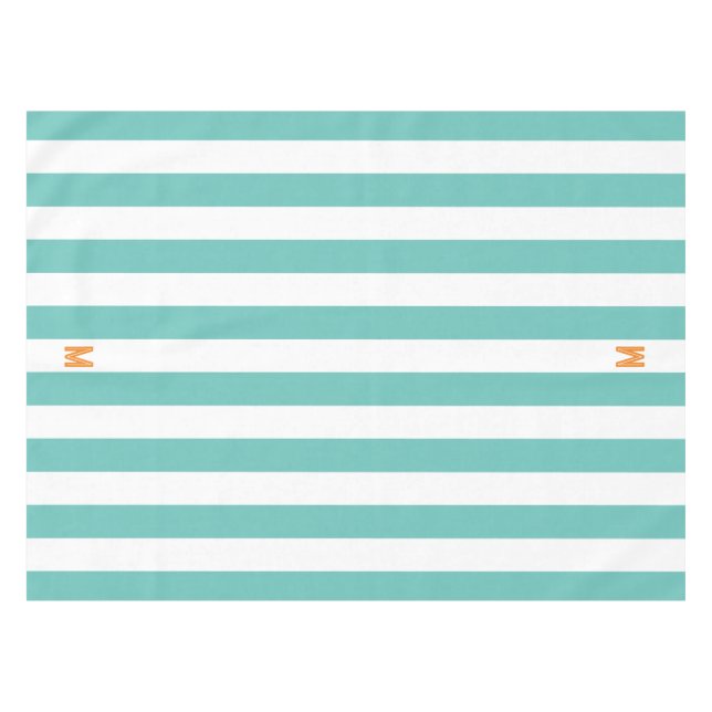 Toalha De Mesa Teal Cabana Stripe & Personalizado Monograma Laran (Frente (Horizontal))