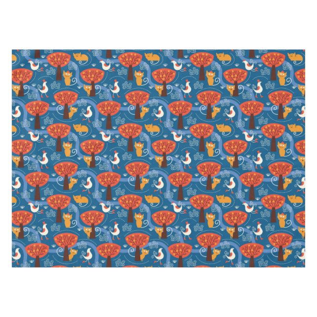 Toalha De Mesa teste padrão com gatos bonitos e pássaros (Frente (Horizontal))