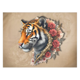 Toalha De Mesa Tigre Steampunk com Ilustração de Rosas.