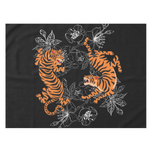 Toalha De Mesa Tigres Estilo de Arte Japonês Fundo Negro