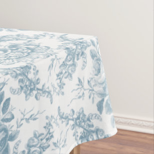 Toalha De Mesa Torno Floral Branco e Azul gravado Elegante
