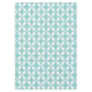 Toalha De Mesa Turquesa Aquática e Floral Damask Branco Fancy