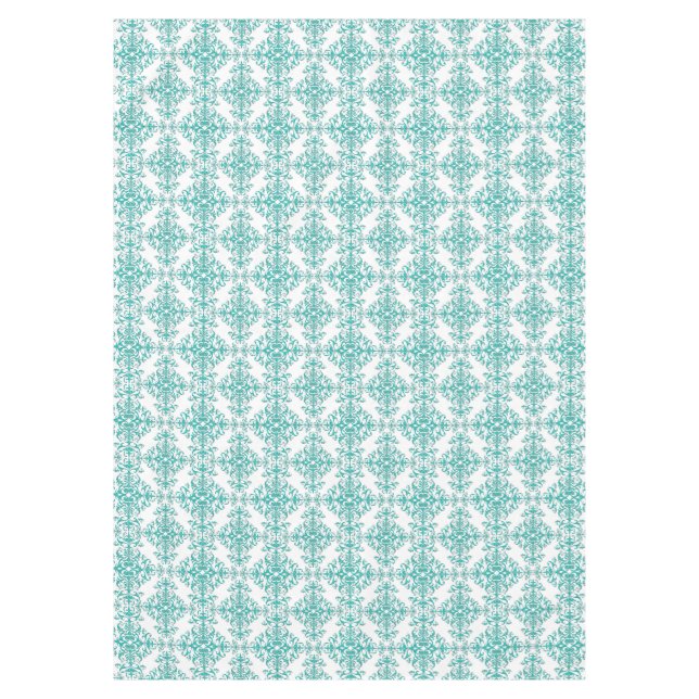 Toalha De Mesa Turquesa Aquática e Floral Damask Branco Fancy (Frente)